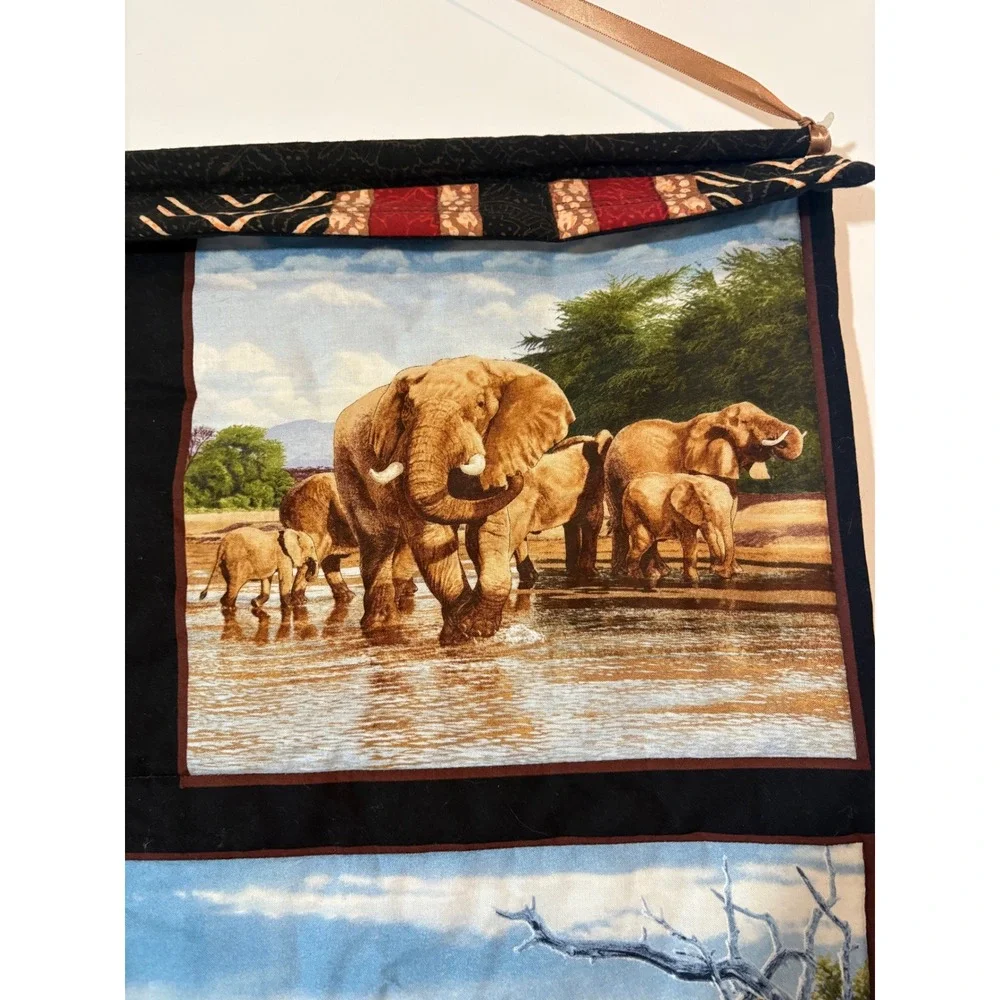 African Safari Wildlife Quilted Wall Hanging Reversible Batik Lion Elephant Art